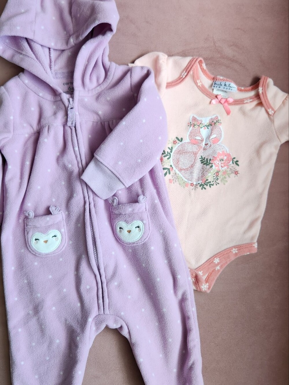 Carter's Lavender Hooded Footed One-Piece & Nicole Miller Peach Fox Onesie